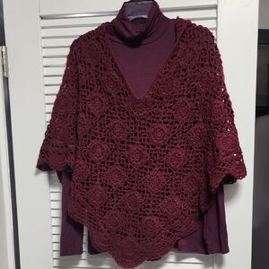 Women's Burgundy Hooded Poncho And Matching Cowl Neck Shirt